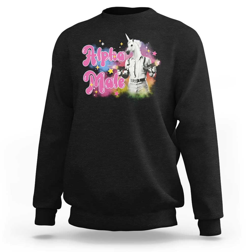 Black sweatshirt with unicorn graphic and "Alpha Male" text