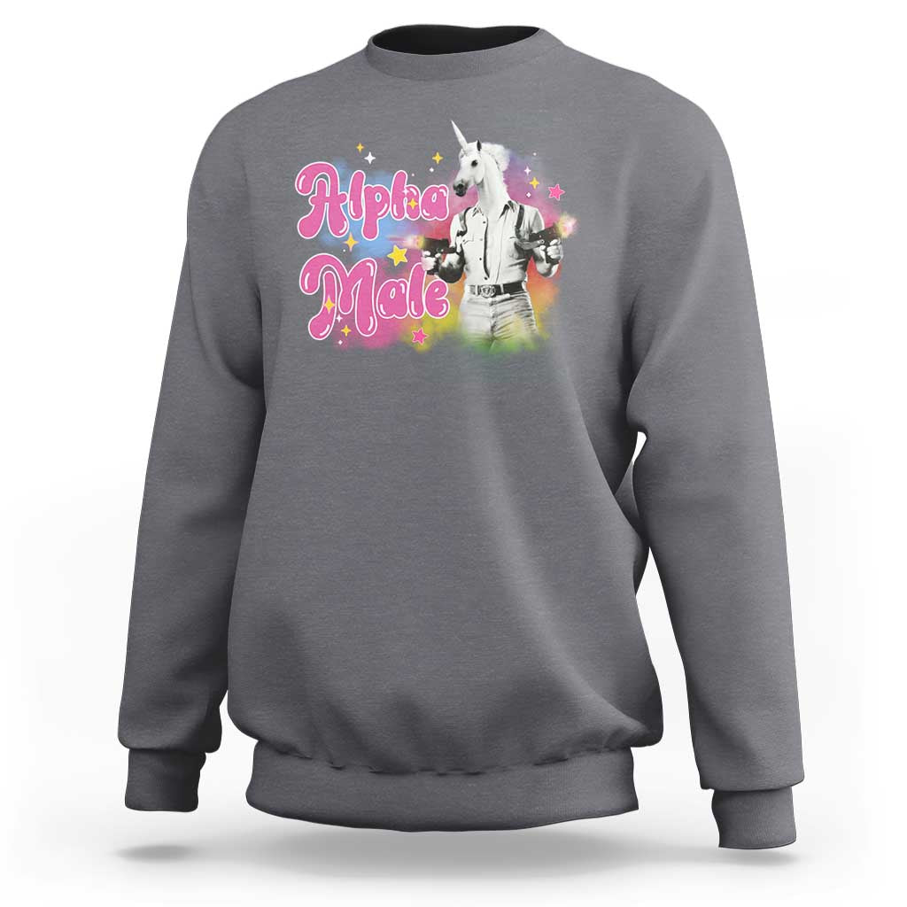 Charcoal gray sweatshirt with unicorn graphic and "Alpha Male" text