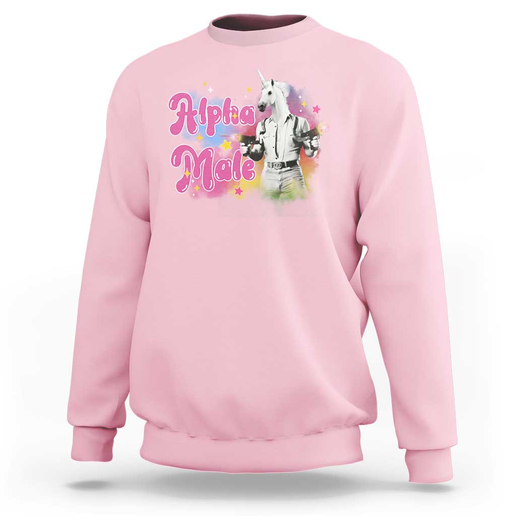 Light pink sweatshirt with unicorn graphic and "Alpha Male" text