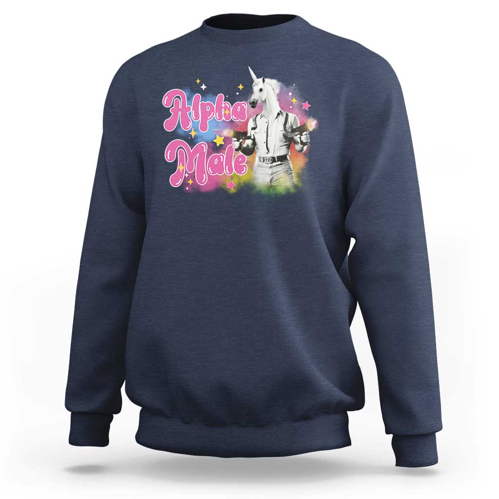 Navy blue sweatshirt with unicorn graphic and "Alpha Male" text
