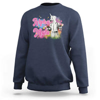Navy blue sweatshirt with unicorn graphic and "Alpha Male" text