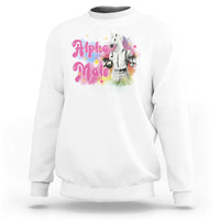 White sweatshirt with unicorn graphic and "Alpha Male" text
