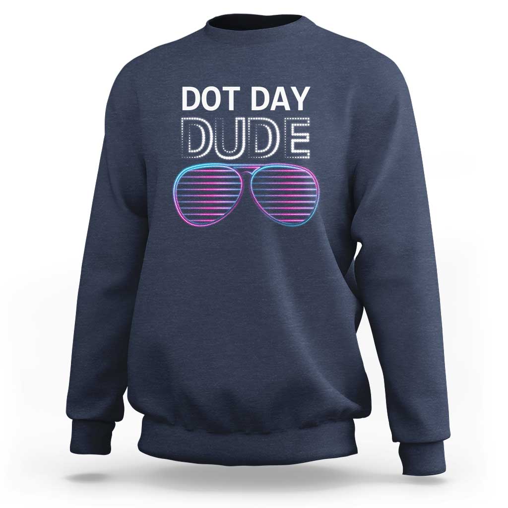 Men's navy sweatshirt with Dot Day Dude sunglasses graphic
