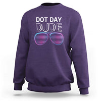 Men's purple sweatshirt with Dot Day Dude sunglasses graphic
