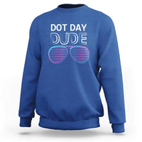 Men's royal blue sweatshirt with Dot Day Dude sunglasses graphic