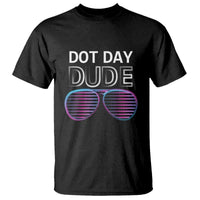Men's graphic T-shirt in black with 'DOT DAY DUDE' and neon sunglasses print