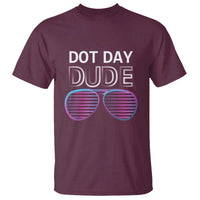 Men's graphic T-shirt in maroon with 'DOT DAY DUDE' and neon sunglasses print