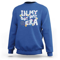 Royal blue crewneck sweatshirt with colorful 'Happy Dot Day' graphic front