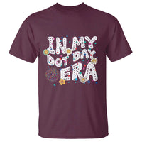 Maroon graphic T-shirt with “My Dot Day” dot pattern lettering and cute icons