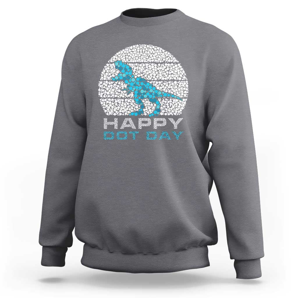 Charcoal dinosaur sweatshirt with blue dot 'Happy Dot Day' graphic, crewneck