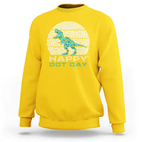 Yellow dinosaur sweatshirt with blue dot 'Happy Dot Day' graphic, crewneck