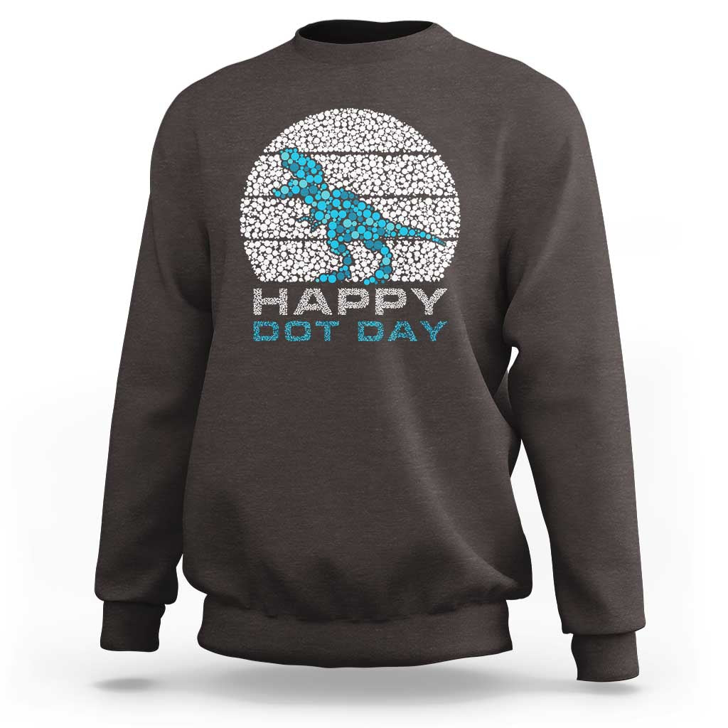 Dark charcoal dinosaur sweatshirt with blue dot 'Happy Dot Day' graphic, crewneck