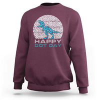 Maroon dinosaur sweatshirt with blue dot 'Happy Dot Day' graphic, crewneck