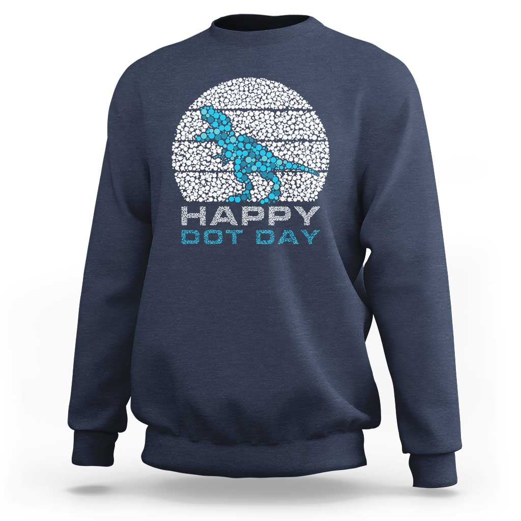 Navy dinosaur sweatshirt with blue dot 'Happy Dot Day' graphic, crewneck