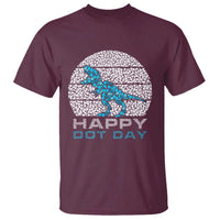 Maroon Happy Dot Day dinosaur T-shirt, dotted sun graphic and blue DOT DAY text