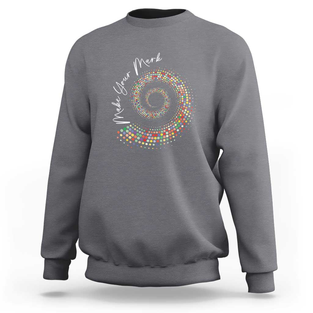 Light gray sweatshirt with colorful dot spiral graphic on chest