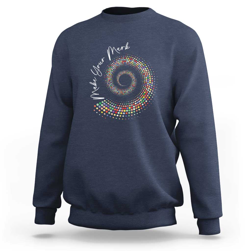 Navy sweatshirt with colorful dot spiral graphic on chest