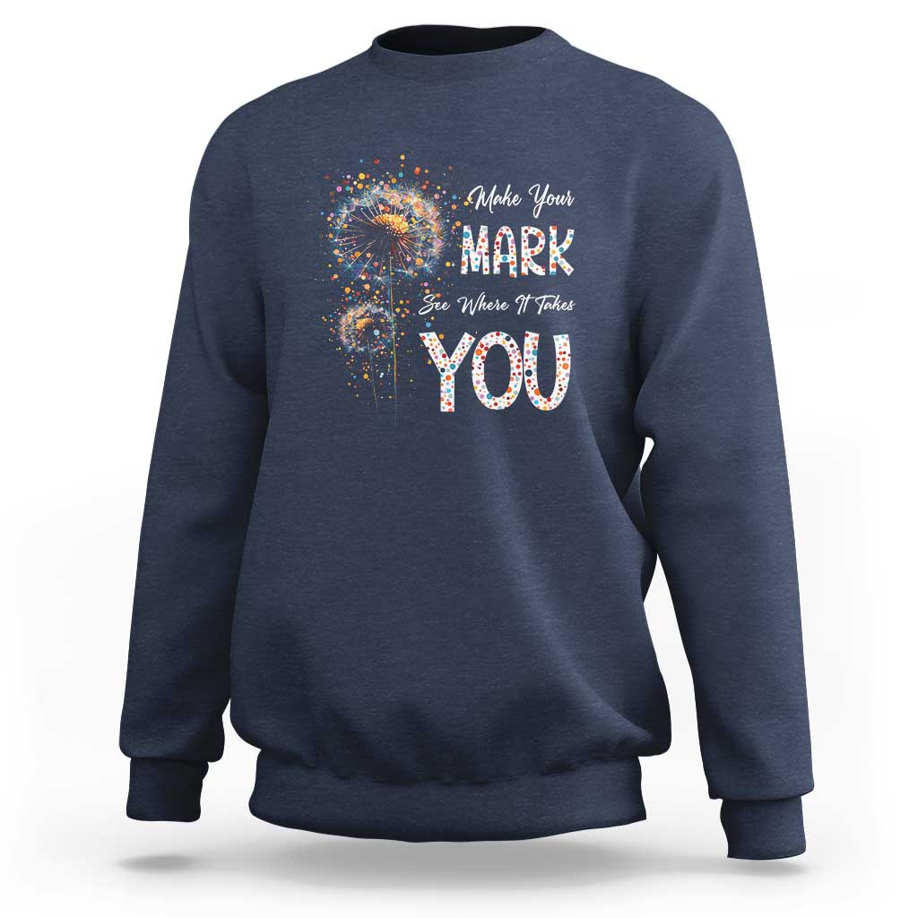 Navy crewneck sweatshirt with front “Make Your Mark” and “YOU” graphic