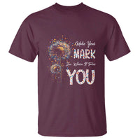 Maroon crew-neck T-shirt with “Make Your Mark” front graphic and colorful fireworks