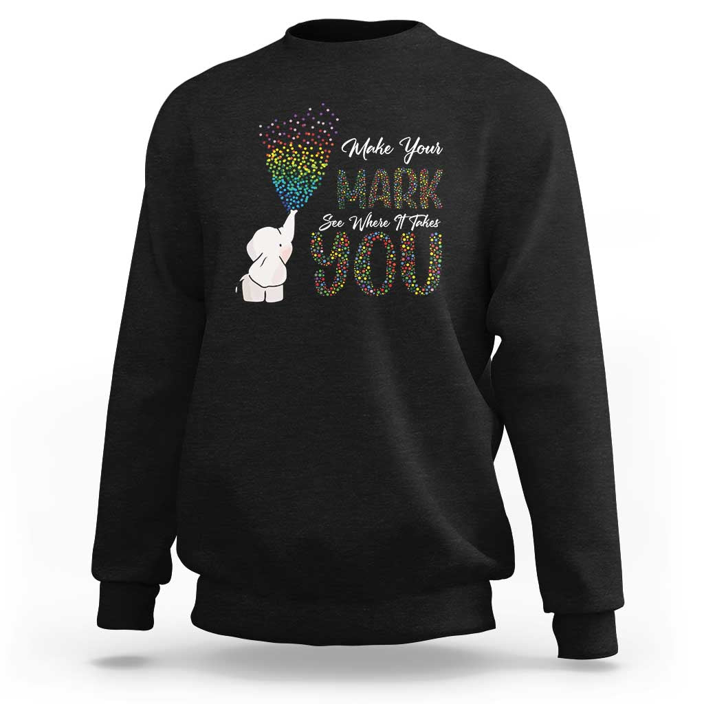 Black sweatshirt with cute elephant and rainbow dot graphic on front
