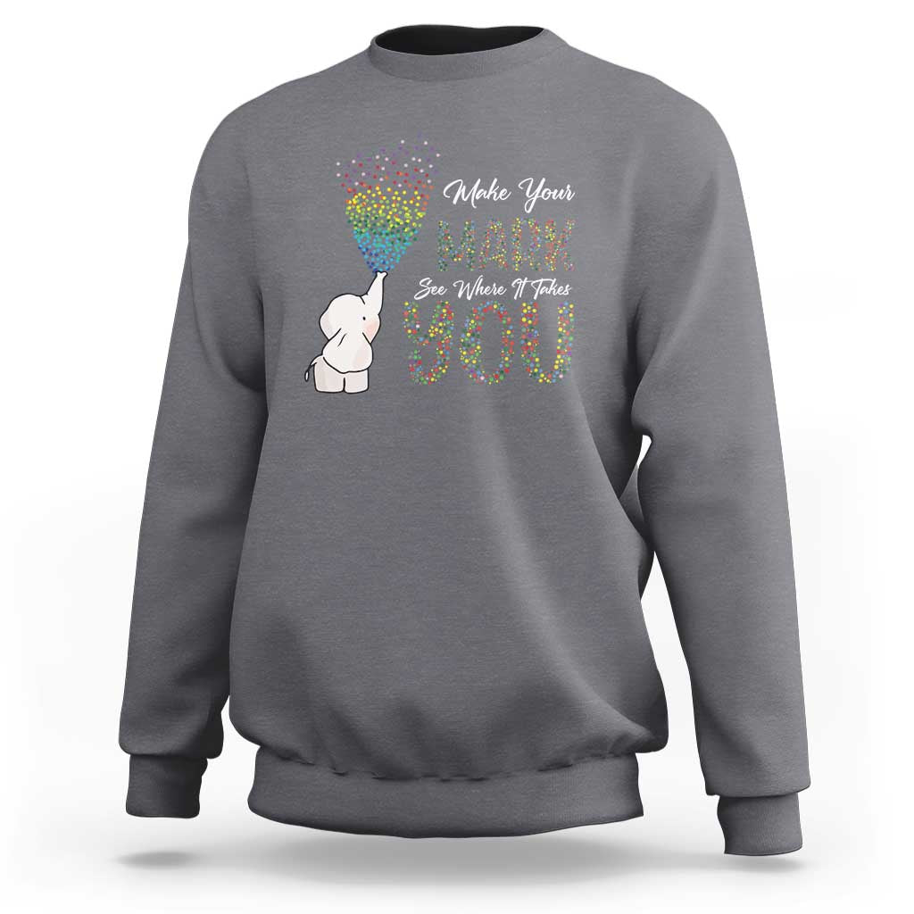 Charcoal gray sweatshirt with cute elephant and rainbow dot graphic on front