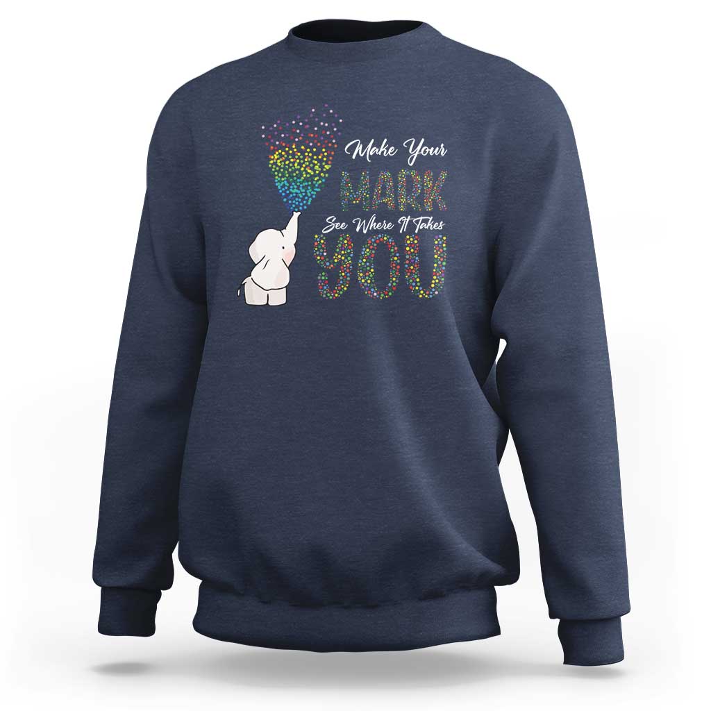 Navy sweatshirt with cute elephant and rainbow dot graphic on front