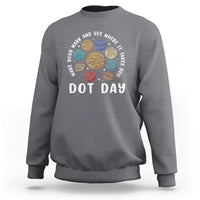 Charcoal gray crewneck sweatshirt with 'DOT DAY' space dots graphic on chest
