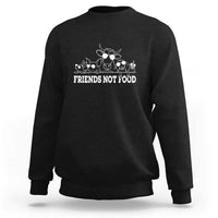 Black crewneck sweatshirt with white "Friends Not Food" graphic, long sleeves