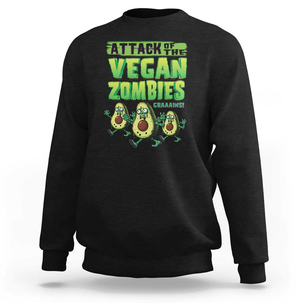 Black crewneck sweatshirt with green zombie-themed graphic on the back