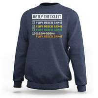 Navy gamer sweatshirt with “Daily Checklist” and play video game checklist graphic