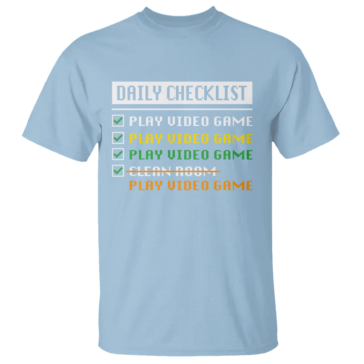 Light blue gamer t-shirt with "Daily Checklist" print and checkboxes