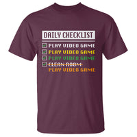 Maroon gamer t-shirt with "Daily Checklist" print and checkboxes