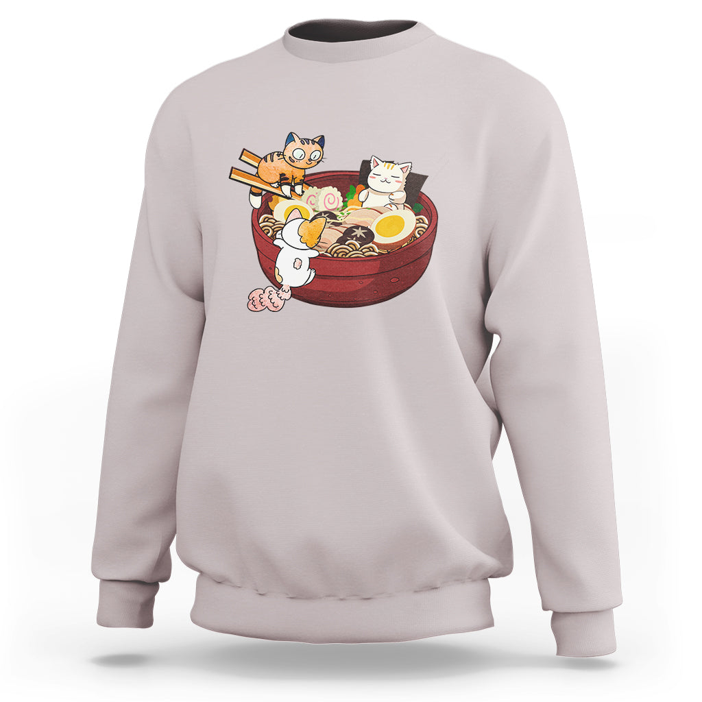 Ice gray cat ramen graphic sweatshirt with long sleeves and crew neck
