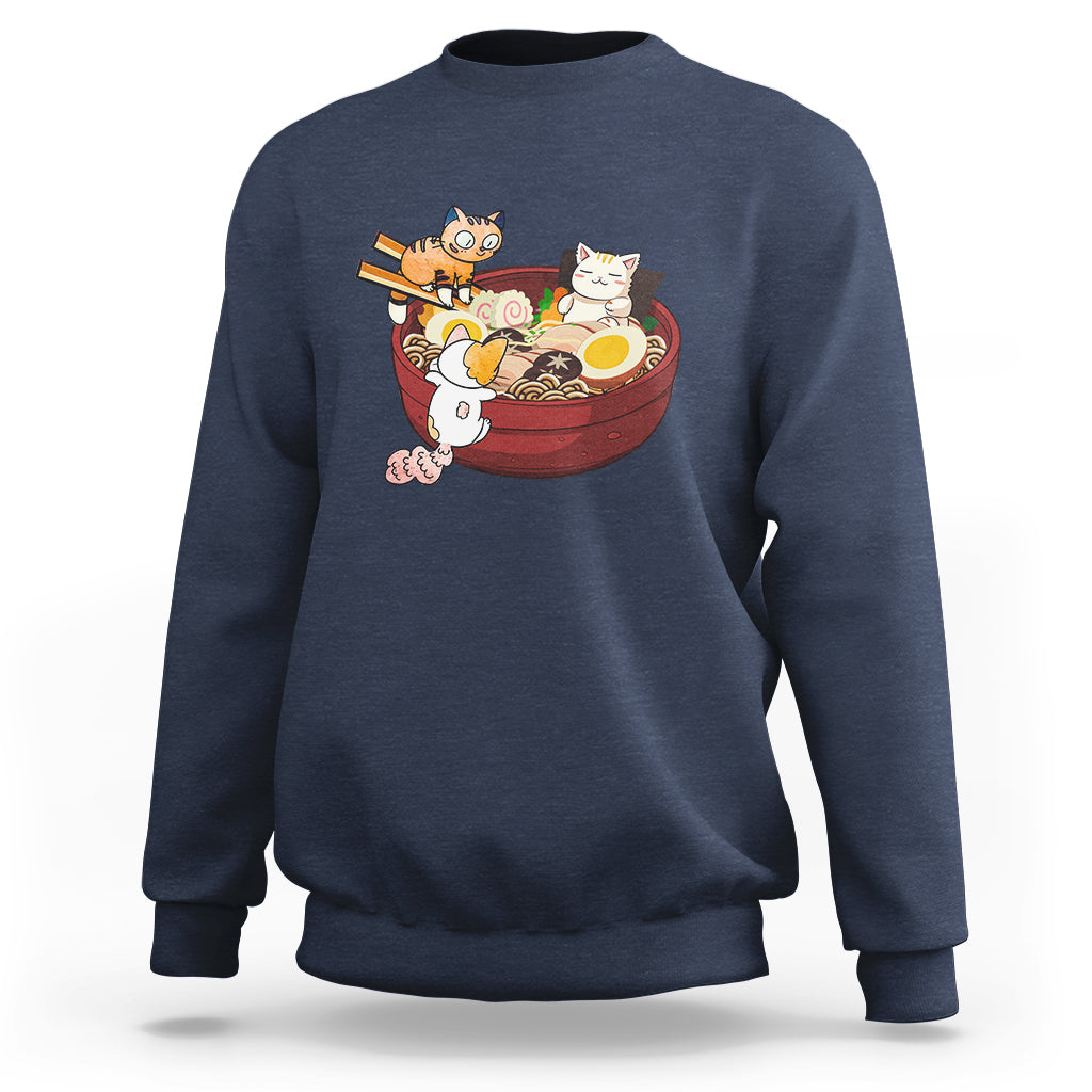 Navy cat ramen graphic sweatshirt with long sleeves and crew neck