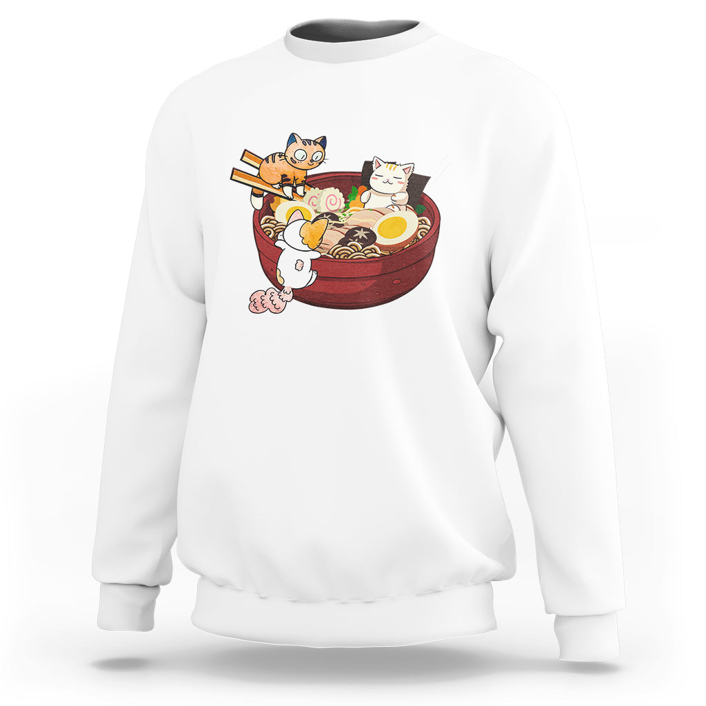 White cat ramen graphic sweatshirt with long sleeves and crew neck
