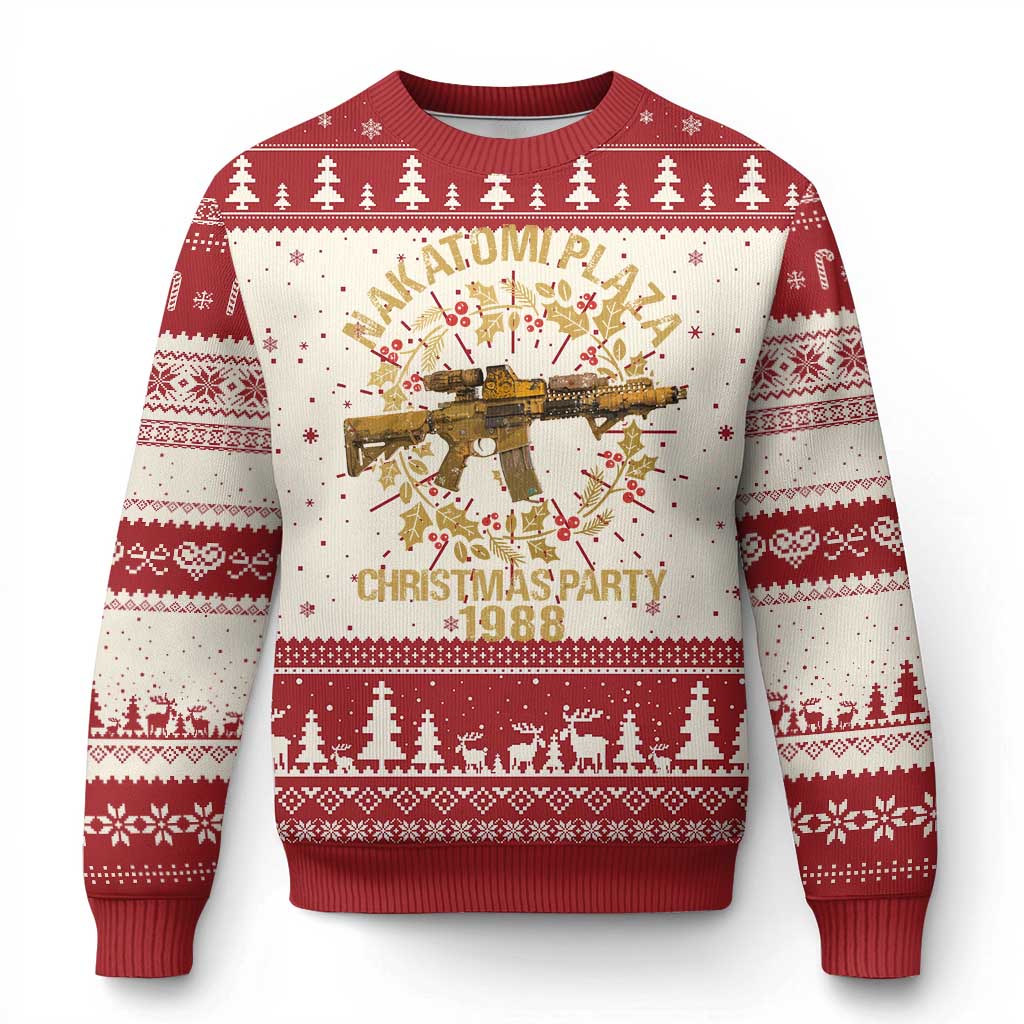Red and cream ugly Christmas sweater with rifle graphic, wreath, and festive border