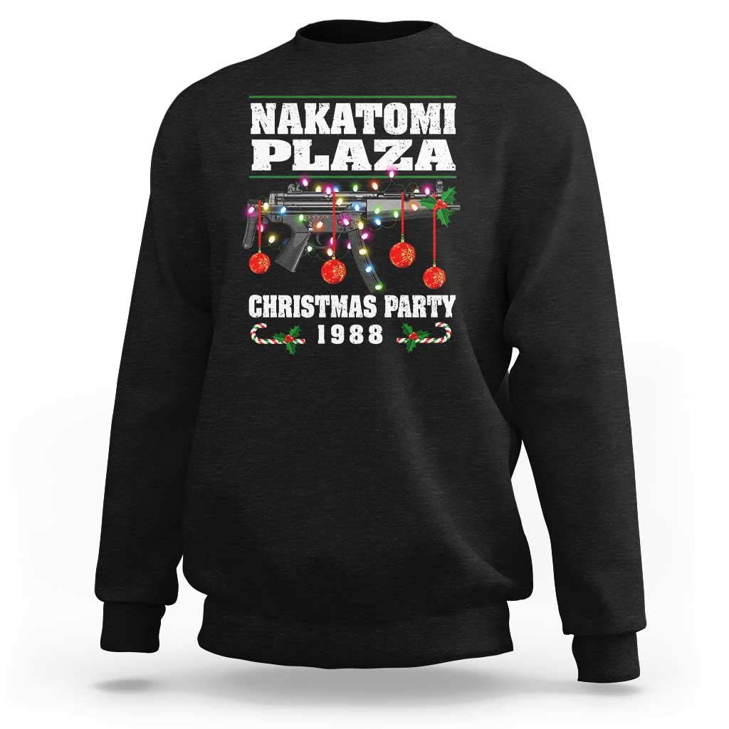 Black crewneck sweatshirt with Nakatomi Plaza holiday lights graphic, Christmas Party 1988