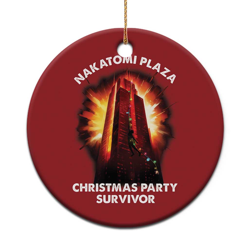 Red round Christmas ornament with gold hanger, building graphic, 'Christmas Party Survivor' text