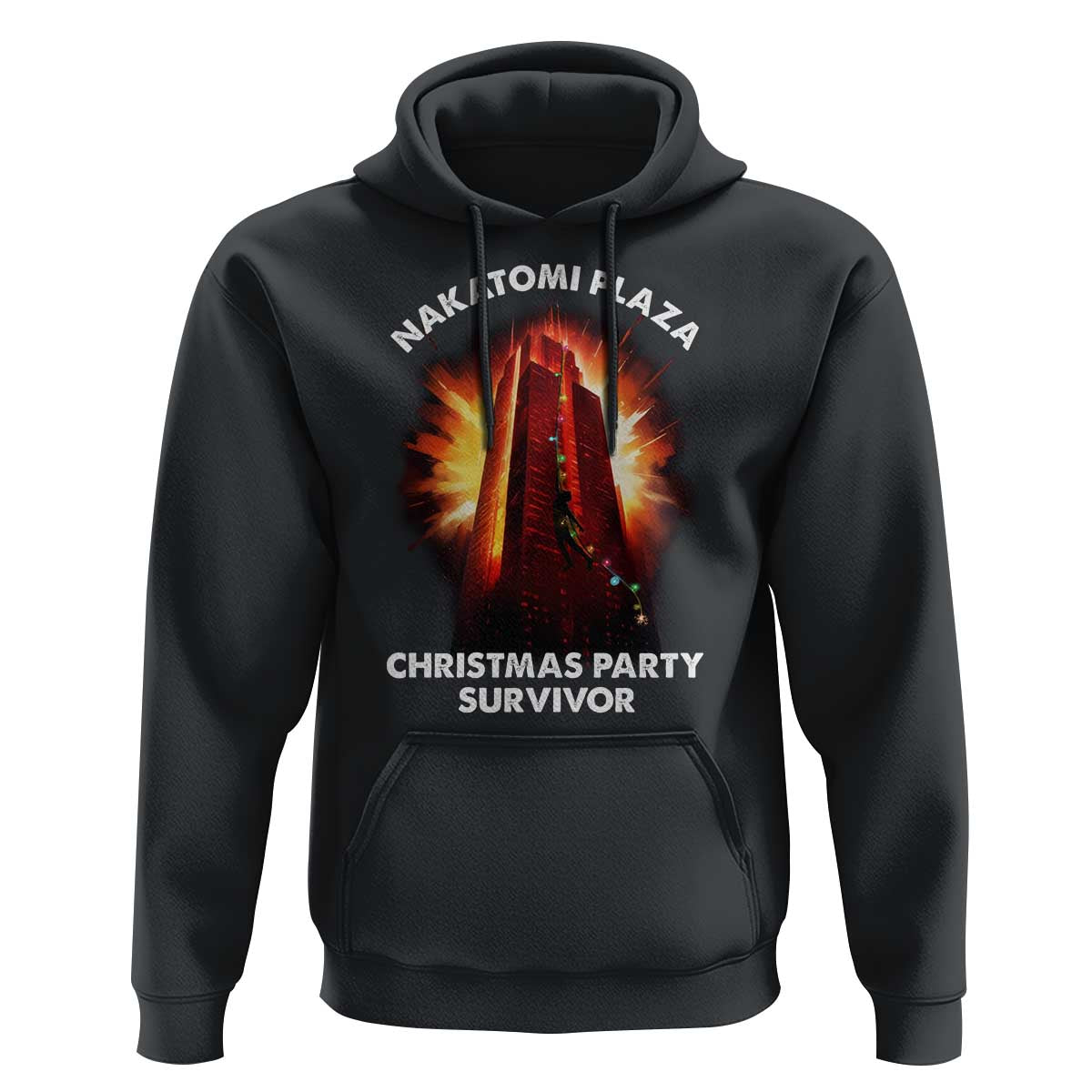 Black Nakatomi Plaza pullover hoodie with front graphic and “Christmas Party Survivor”