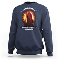 Navy sweatshirt with front “Christmas Party Survivor” graphic and NAKATOMI PLAZA logo