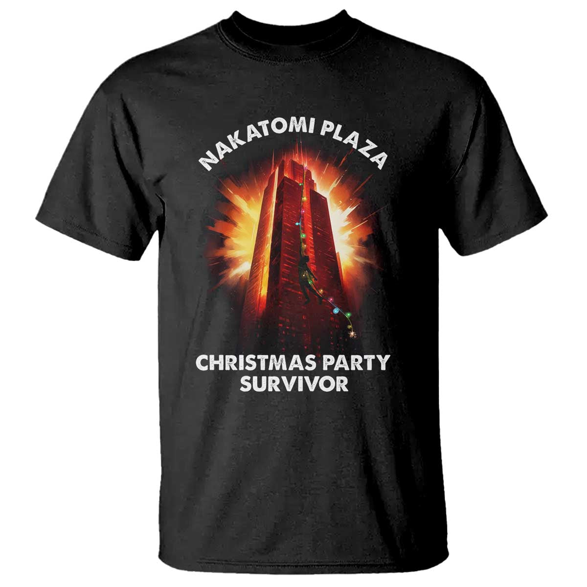 Black crew-neck graphic T-shirt with fiery tower and 'CHRISTMAS PARTY SURVIVOR' print