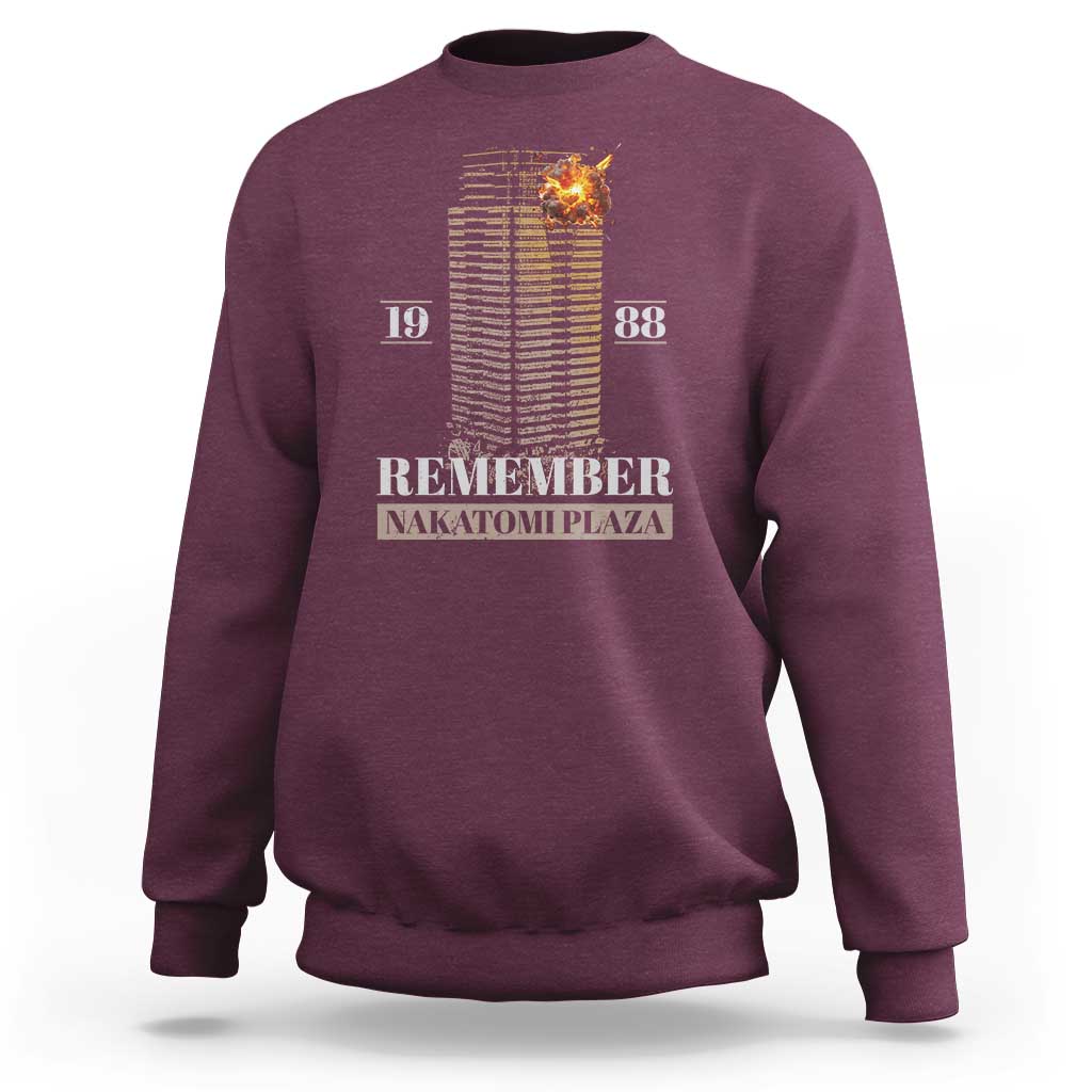 Maroon crewneck sweatshirt with back print: "Remember Nakatomi Plaza" and "19 88"