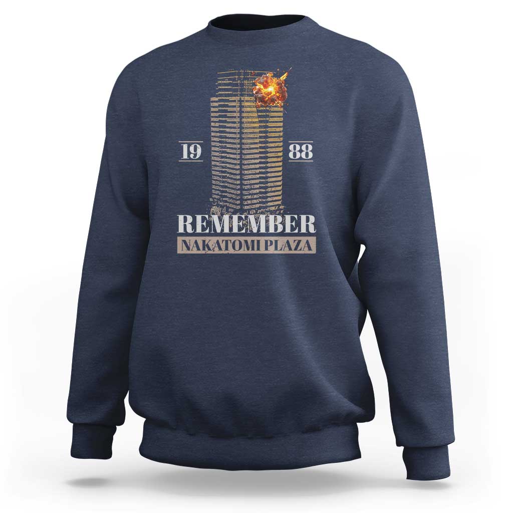 Navy crewneck sweatshirt with back print: "Remember Nakatomi Plaza" and "19 88"