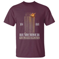 Maroon crew-neck graphic T-shirt with burning building print and “Remember” text