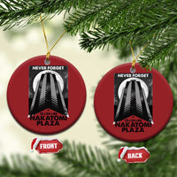 Two red round Christmas ornaments with building graphic and “Never Forget Nakatomi Plaza”