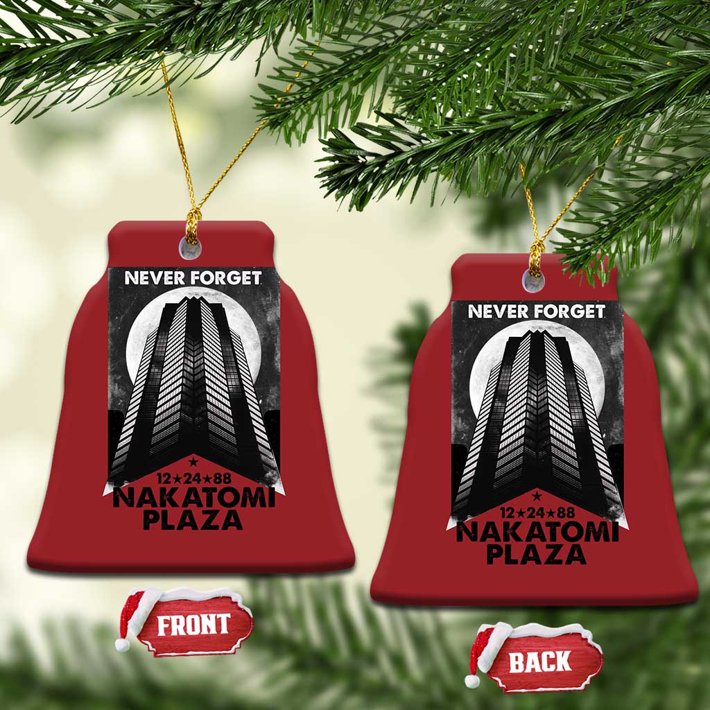 Red bell-shaped Christmas ornaments with building graphic and “Never Forget Nakatomi Plaza”