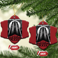Two red heart-shaped Christmas ornaments with building graphic and “Never Forget Nakatomi Plaza”