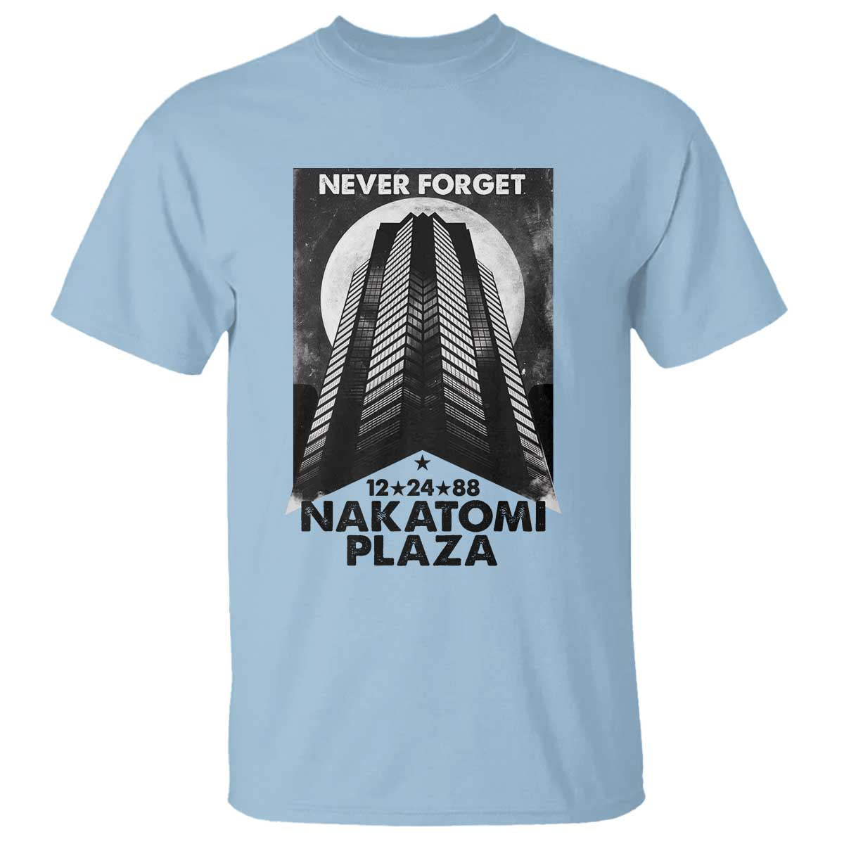 Light blue graphic T-shirt with “NEVER FORGET” NAKATOMI PLAZA building print
