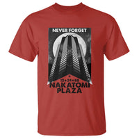 Red graphic T-shirt with “NEVER FORGET” NAKATOMI PLAZA building print