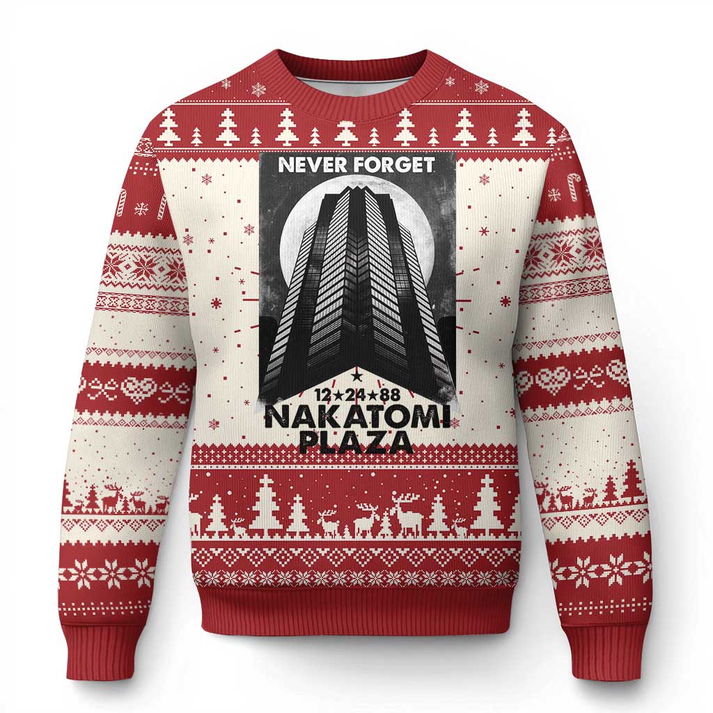 Ugly Christmas sweater, red and cream, with tower graphic and 'Nakatomi Plaza' text